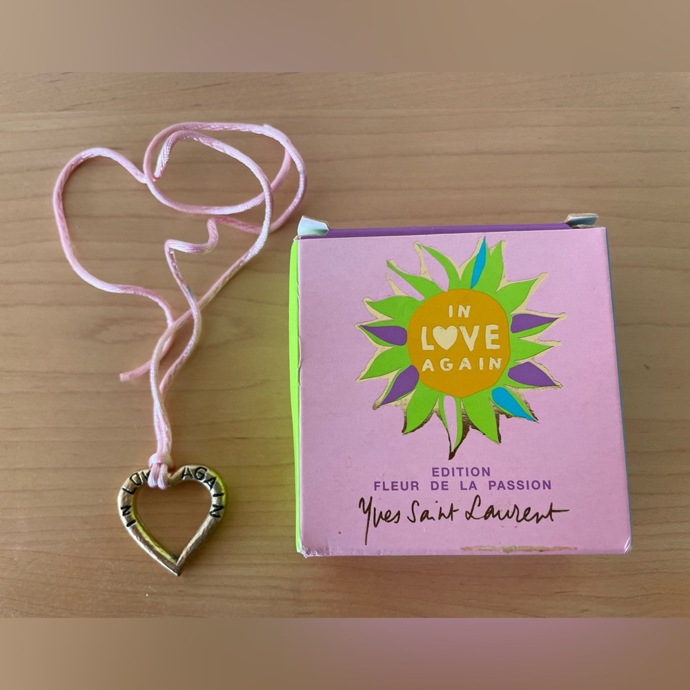 YSL “In Love Again” Heart Shaped Gold Antique Metal Pendant with Pink Necklace